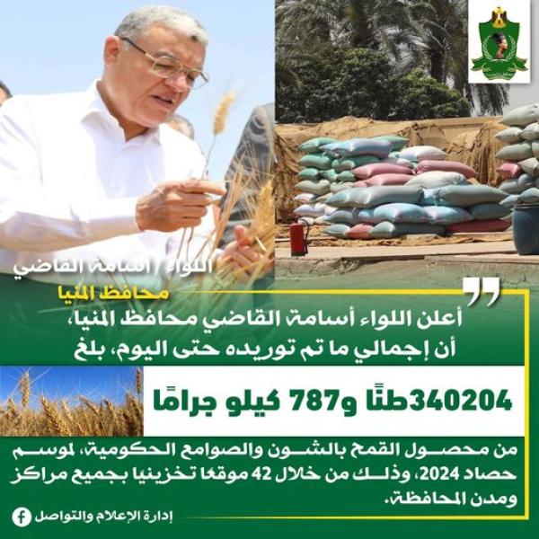 محافظ المنيا: شون وصوامع المحافظة تواصل استقبال القمح وتوريد 340 ألف طن منذ بدء الموسم